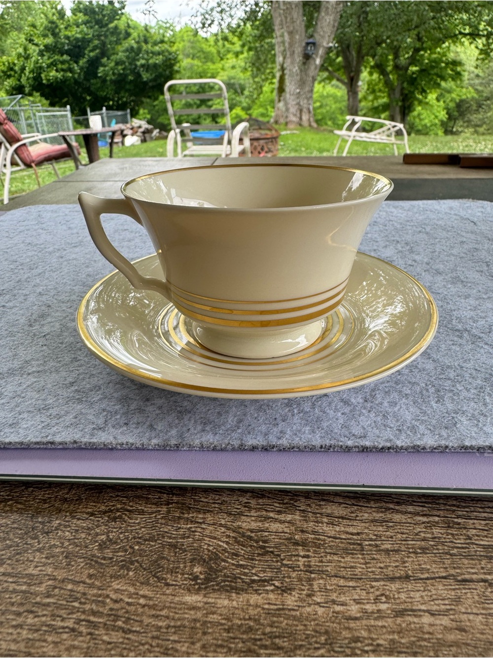 Old Ivory Elegant Cream Teacup and Saucer with Gold Trim - Home Dining Mug